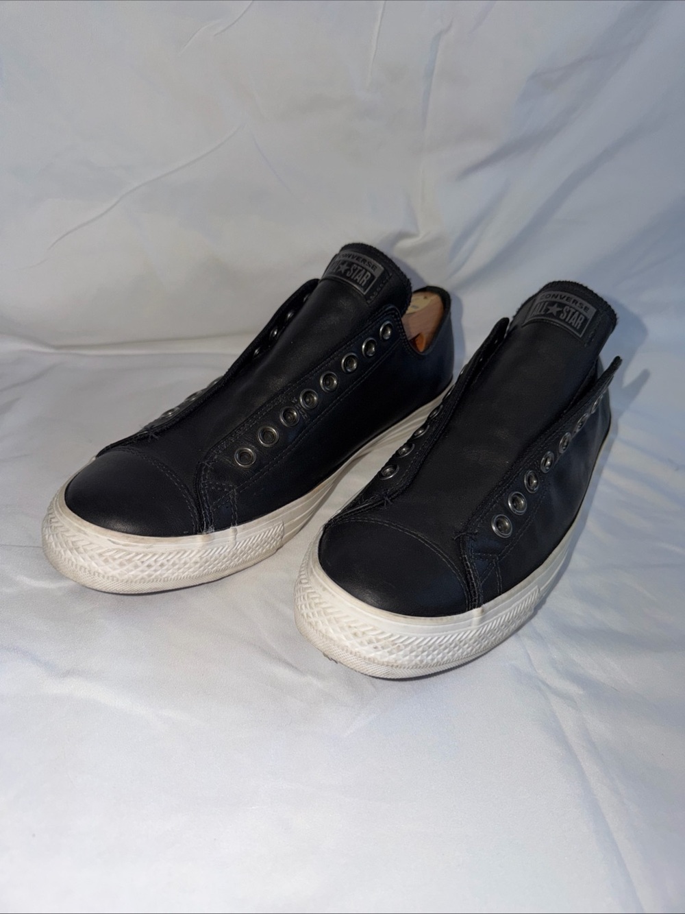 Converse Black Leather Slip-On Low Top Sneakers with White Sole - Picture 2 of 12